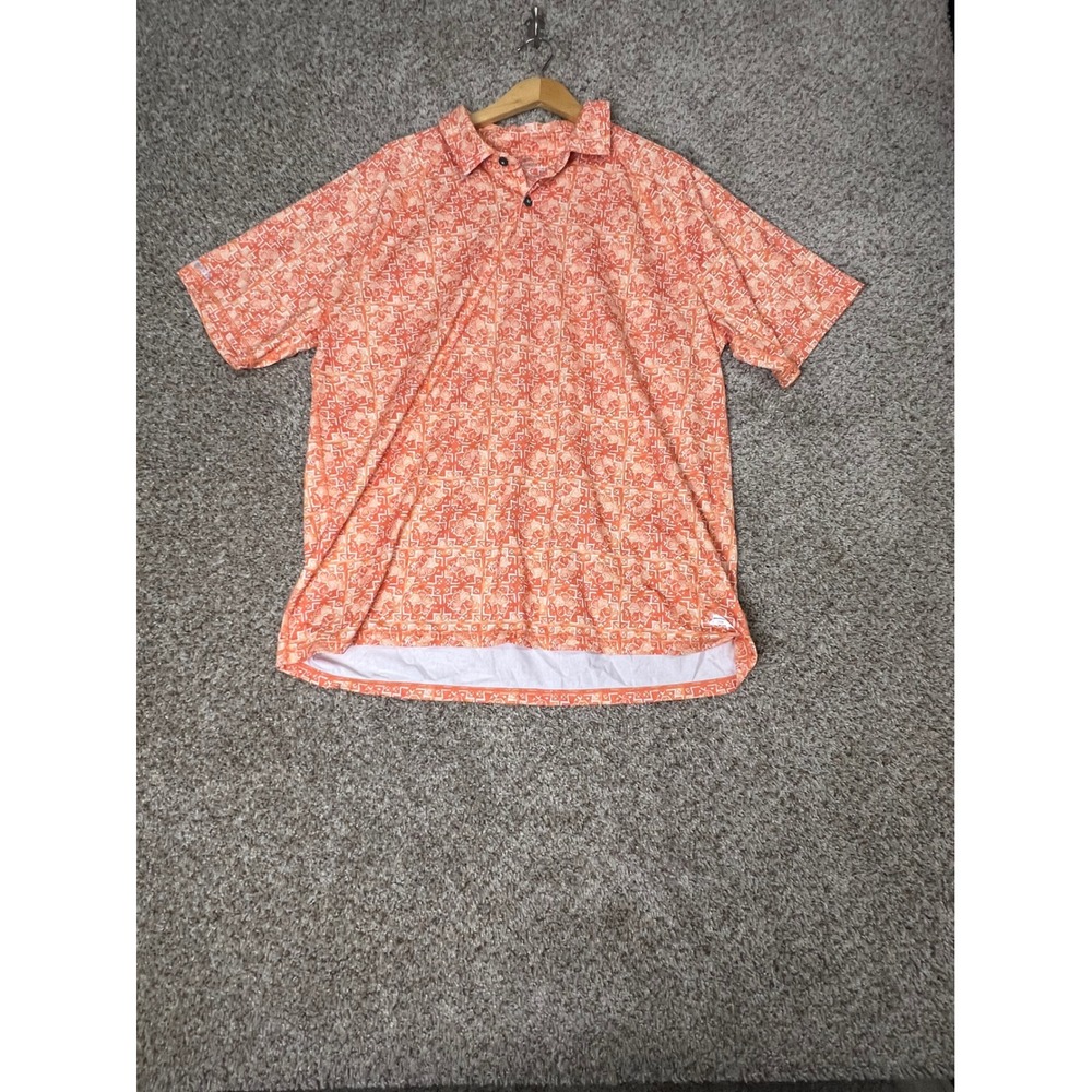 Tommy Bahama IslandZone Mens XL Polo Shirt Orange Hibiscus Floral UPF 30 Golf